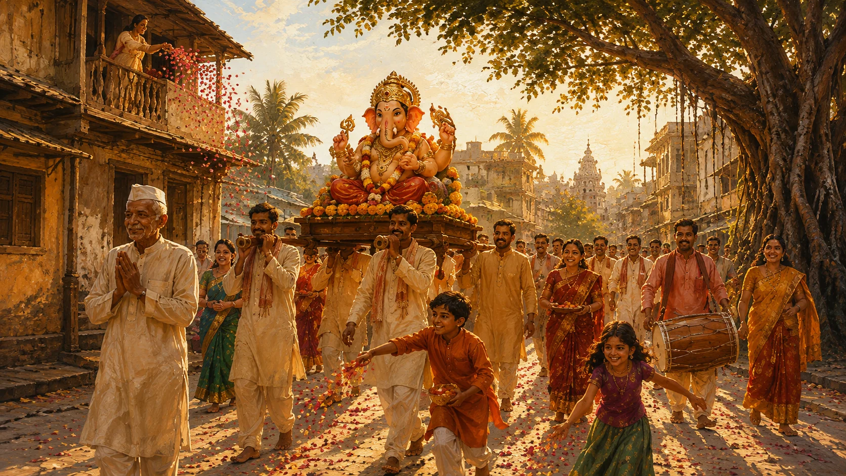 A painting of a Ganesh Chaturthi procession — a family carrying Bappa on a flower-decked palanquin through a Maharashtrian street, with dhol-tasha players and children scattering marigold petals
